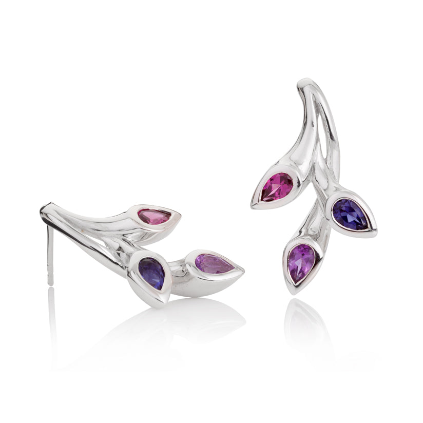 925 Sterling Silver Stud Earrings with Natural Amethyst, Rhodolite and Iolite Gemstones