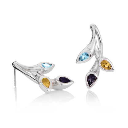 925 Sterling Silver Stud Earrings with Natural Iolite, Blue Topaz & Citrine Gemstones