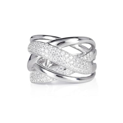 925 Sterling Silver Wide Criss Cross Ring for Women with Cubic Zirconia Stones