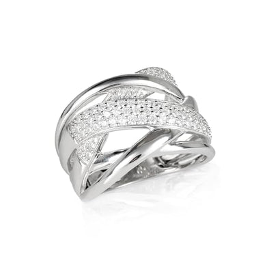 925 Sterling Silver Wide Criss Cross Ring for Women with Cubic Zirconia Stones