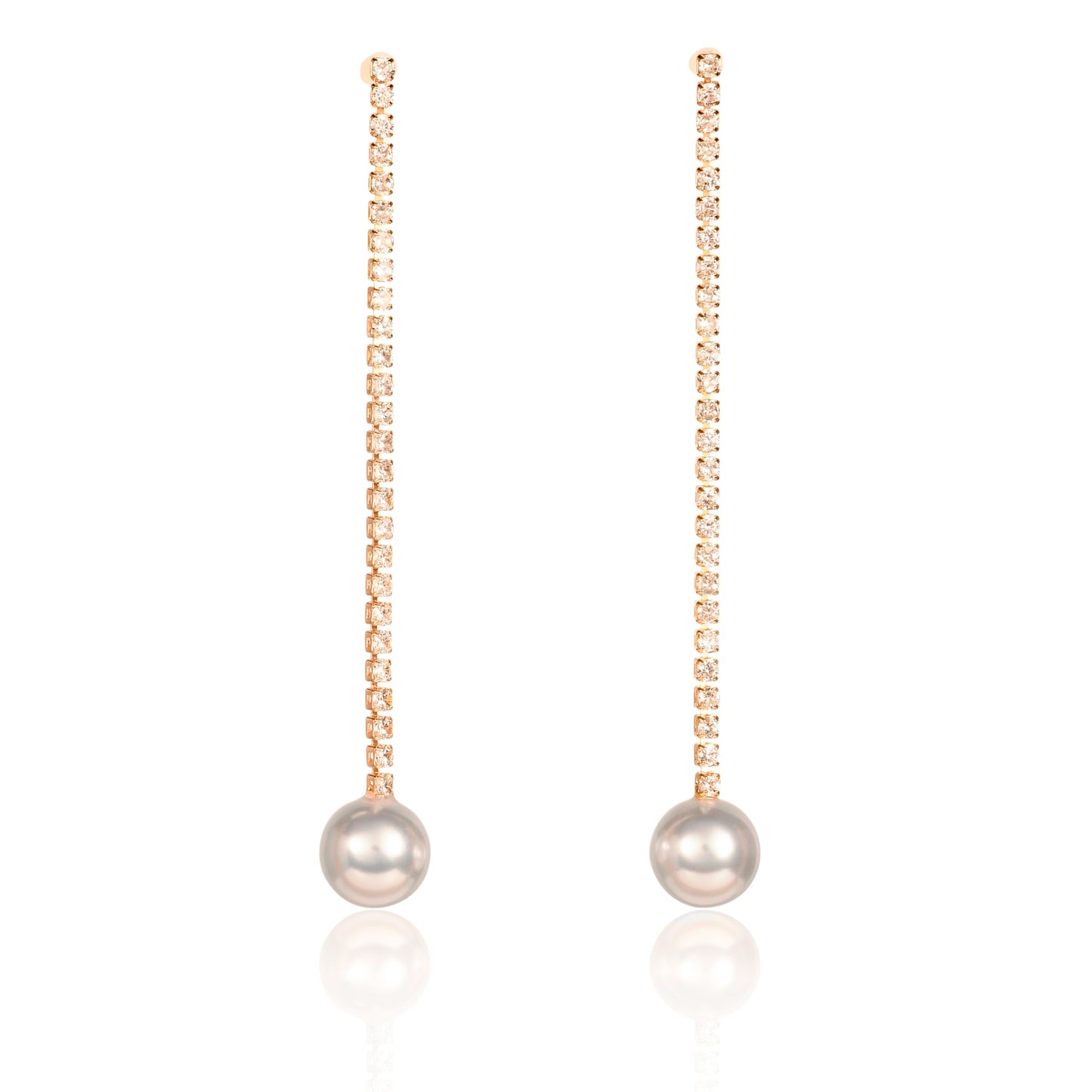 Gold Long Drop Earrings with Pearl and Rhinestone Chain for Women