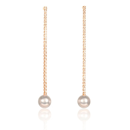 Gold Long Drop Earrings with Pearl and Rhinestone Chain for Women