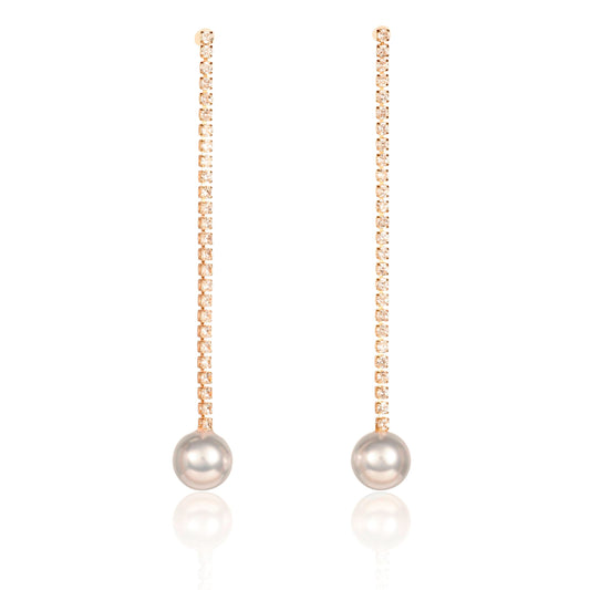 Gold Long Drop Earrings with Pearl and Rhinestone Chain for Women