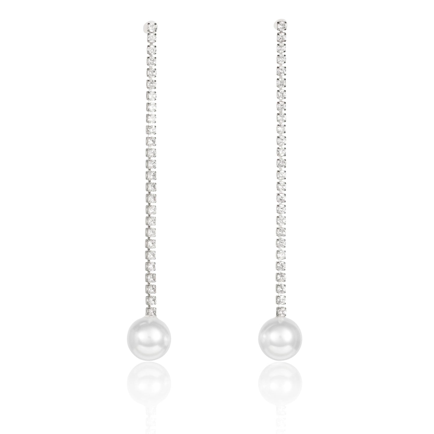 Silver Long Drop Earrings with Pearl and Rhinestone Chain for Women