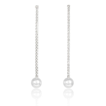 Silver Long Drop Earrings with Pearl and Rhinestone Chain for Women