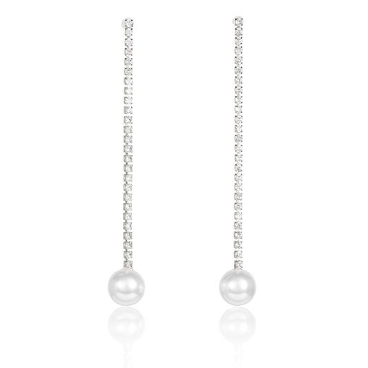 Silver Long Drop Earrings with Pearl and Rhinestone Chain for Women