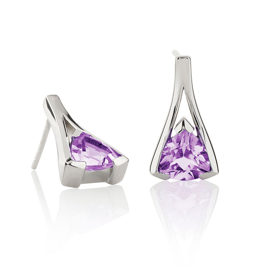Sterling Silver Trillion Cut Amethyst Gemstone Stud Earrings For Women