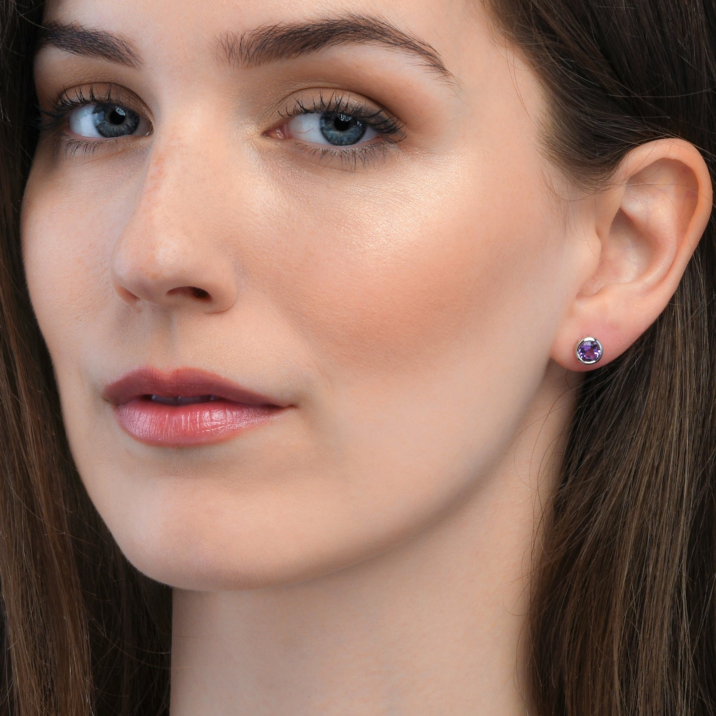 Sterling Silver Bezel Set Amethyst Stud Earrings For Women