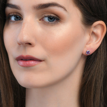 Sterling Silver Bezel Set Amethyst Stud Earrings For Women