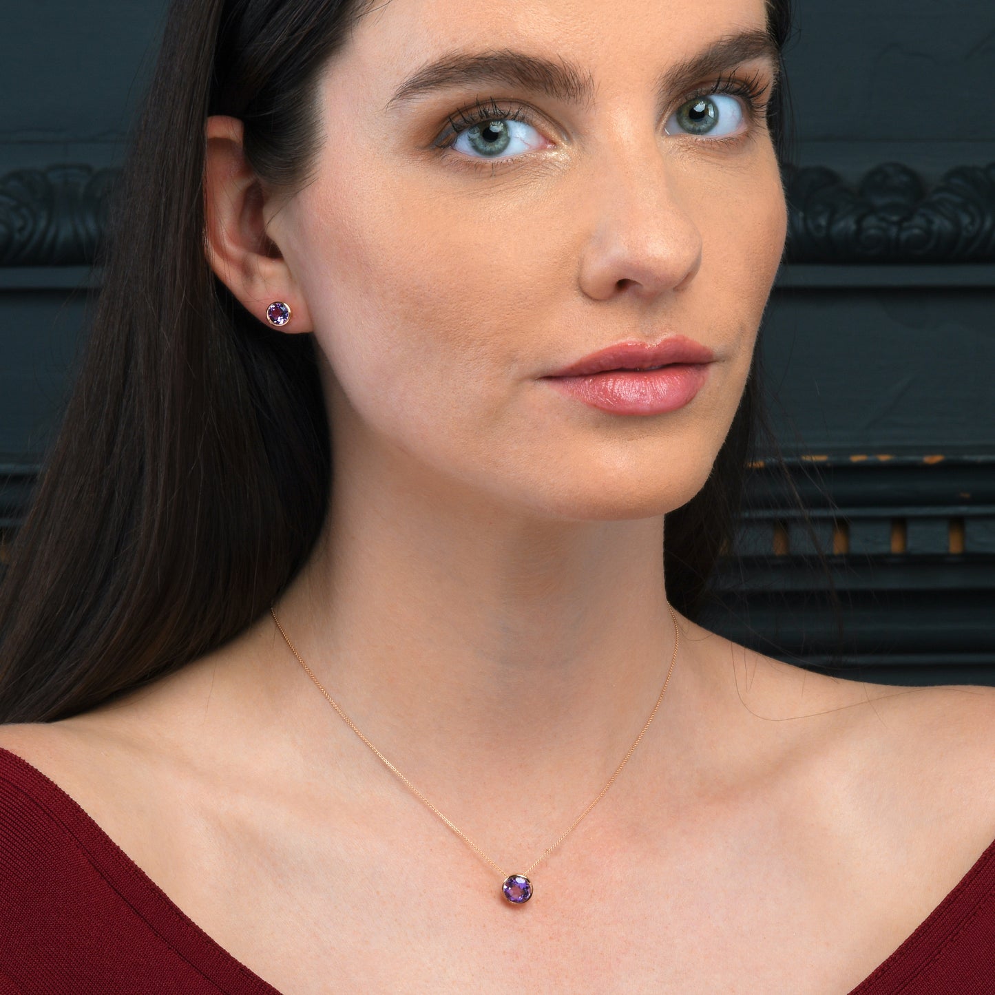 Rose Gold Vermeil Bezel Set Amethyst Stud Earrings For Women