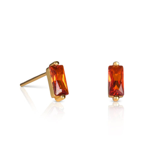 Dainty Gold plated Orange Baguette Stud Earrings in 925 Sterling Silver For Women