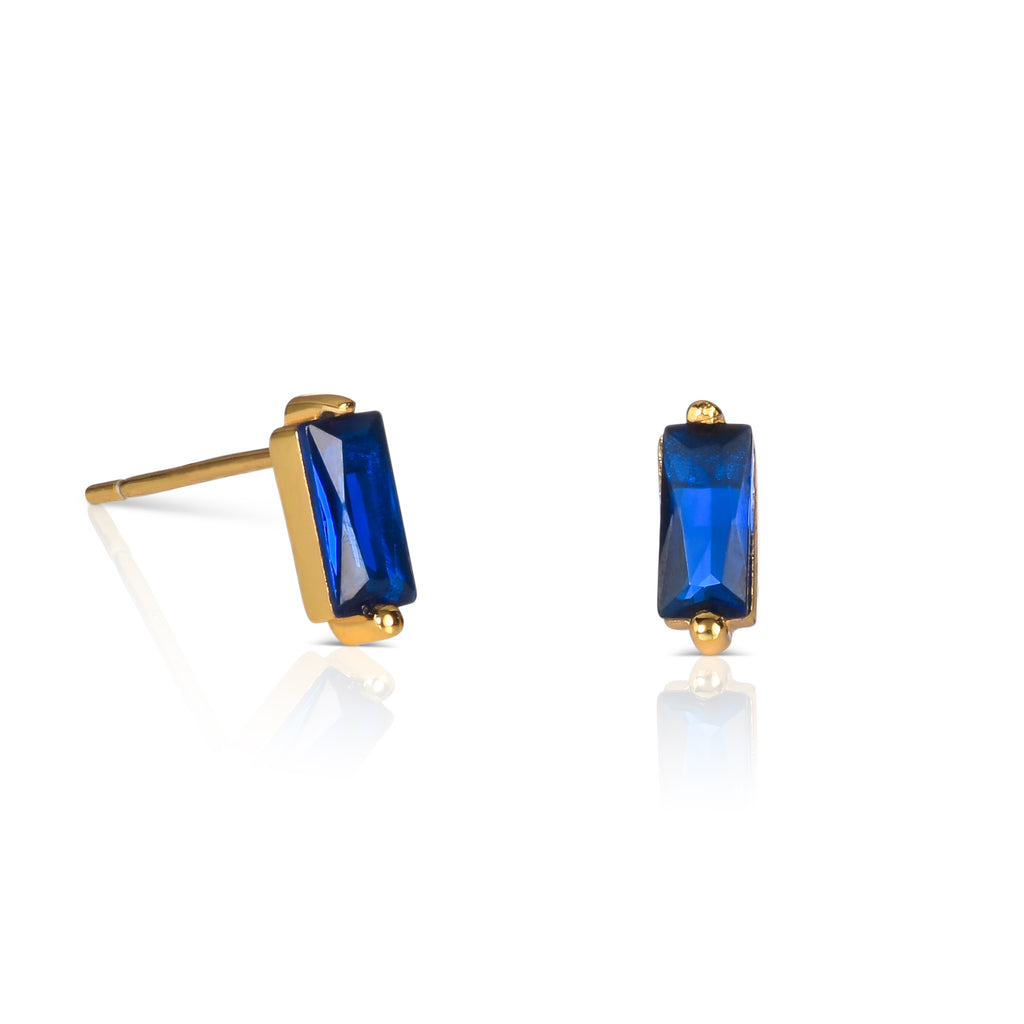Dainty Gold plated Blue Baguette Stud Earrings in 925 Sterling Silver For Women
