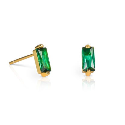 Dainty Gold plated Green Baguette Stud Earrings in 925 Sterling Silver For Women