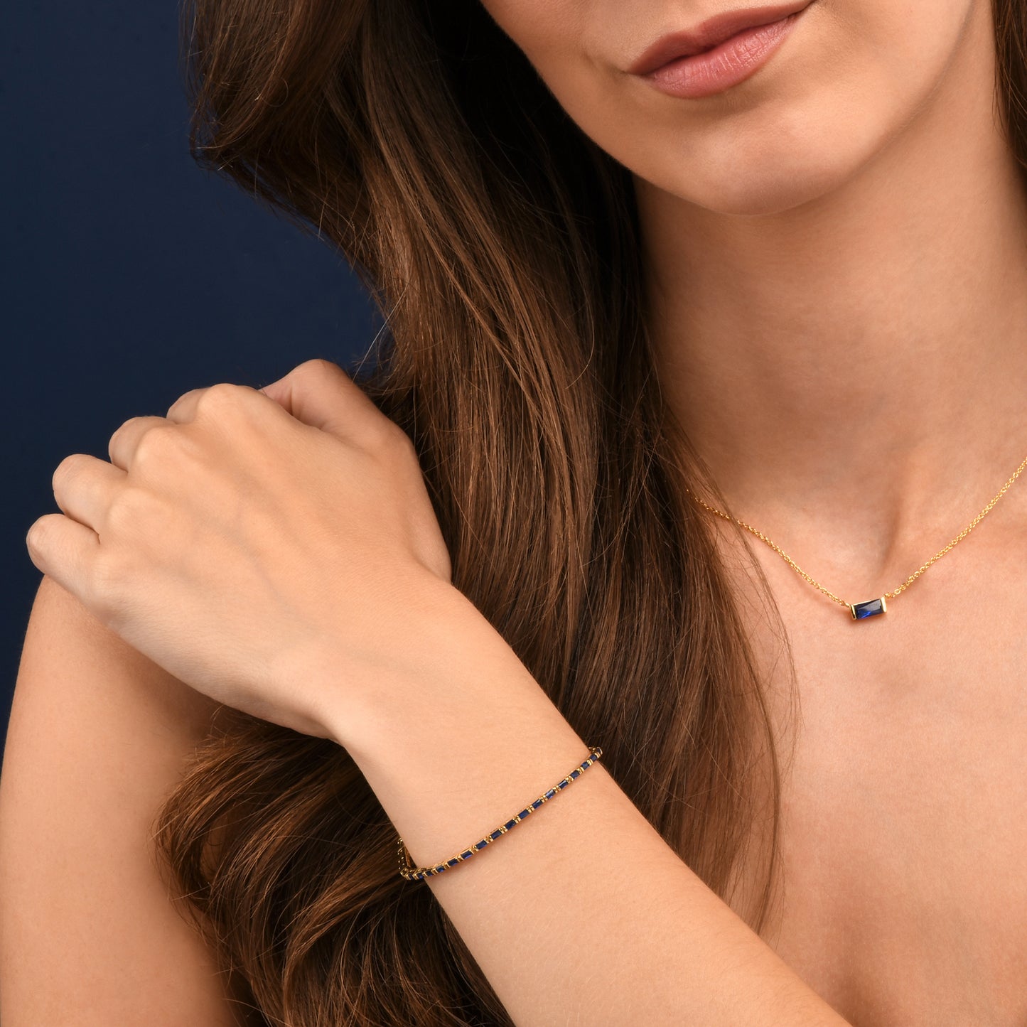 Blue Gold Plated Sterling Silver Tennis Bracelet With Baguette-Cut Stones for Women