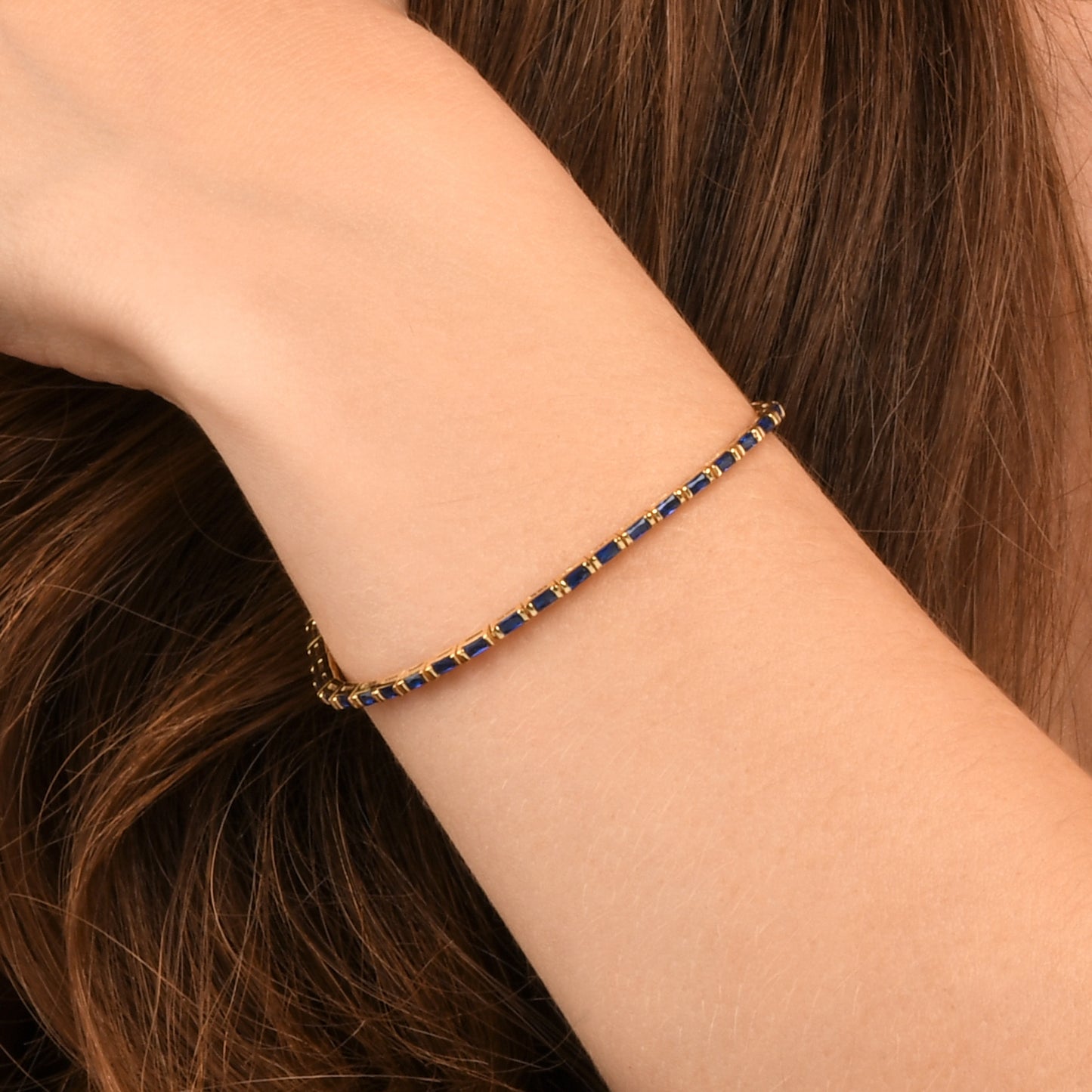 Blue Gold Plated Sterling Silver Tennis Bracelet With Baguette-Cut Stones for Women