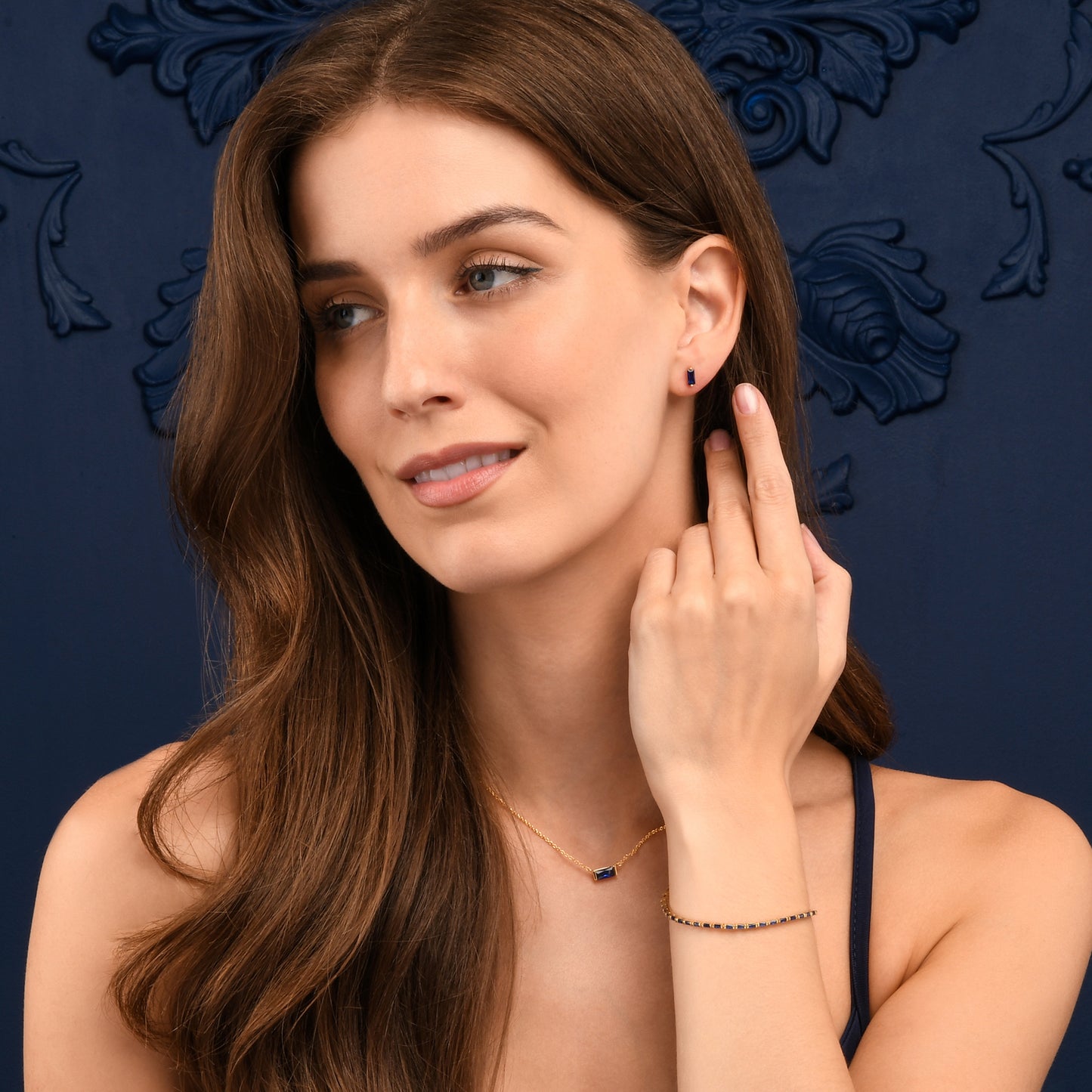 Blue Gold Plated Sterling Silver Tennis Bracelet With Baguette-Cut Stones for Women