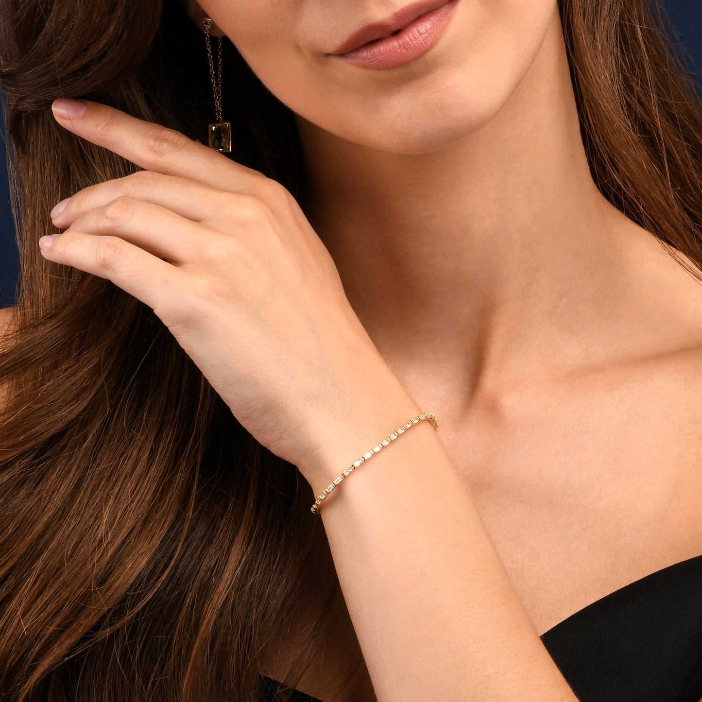 Gold Plated Sterling Silver Tennis Bracelet With Baguette-Cut Stones for Women