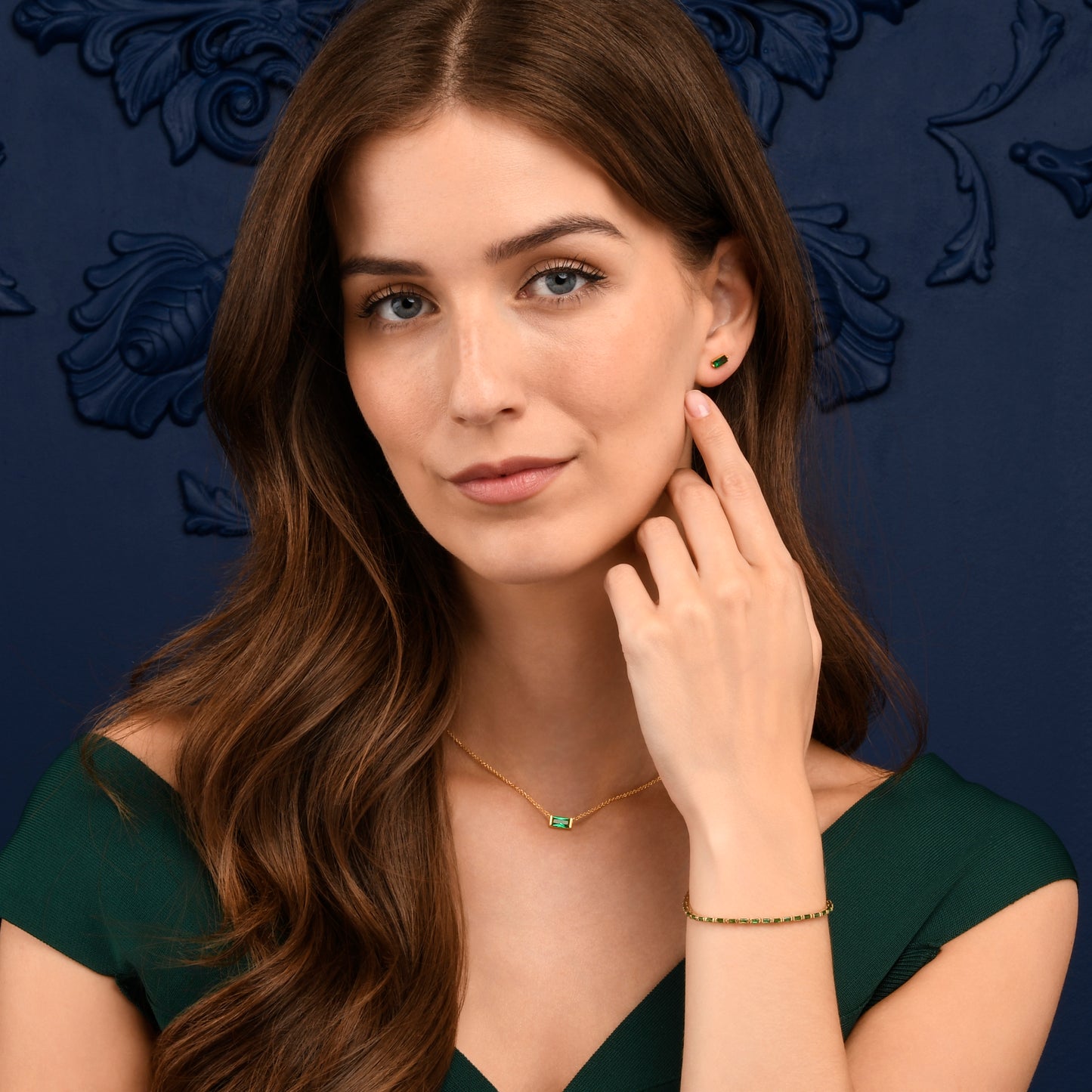 Green Gold Plated Sterling Silver Tennis Bracelet With Baguette-Cut Stones for Women