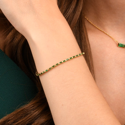 Green Gold Plated Sterling Silver Tennis Bracelet With Baguette-Cut Stones for Women