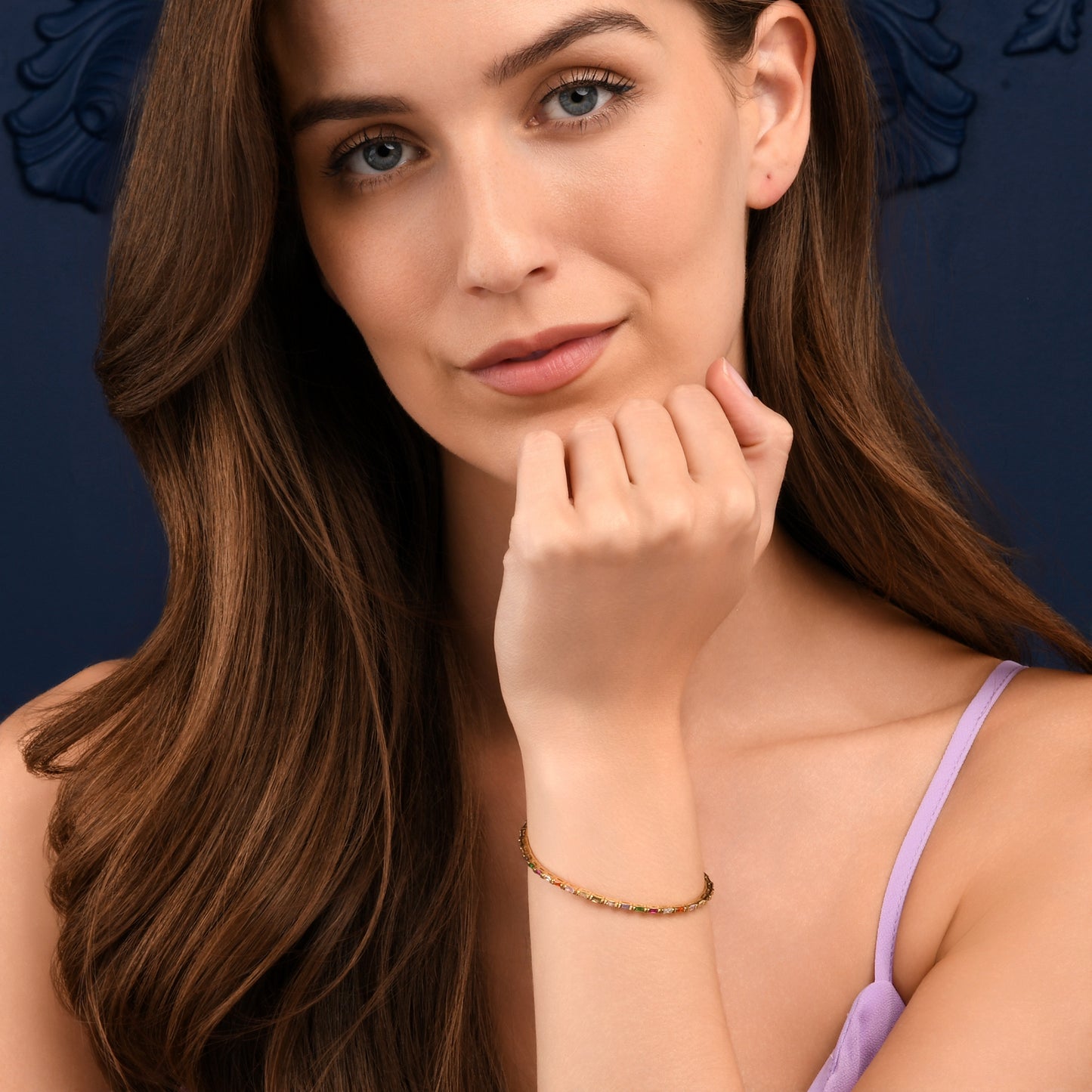 Multicoloured Gold Plated Sterling Silver Tennis Bracelet With Baguette-Cut Stones for Women