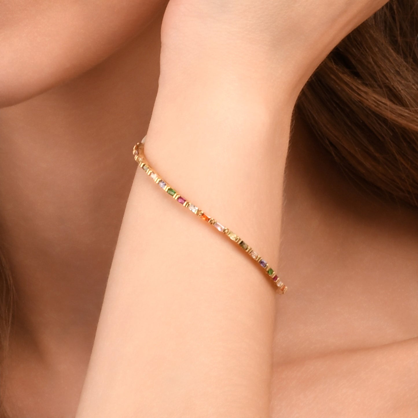 Multicoloured Gold Plated Sterling Silver Tennis Bracelet With Baguette-Cut Stones for Women
