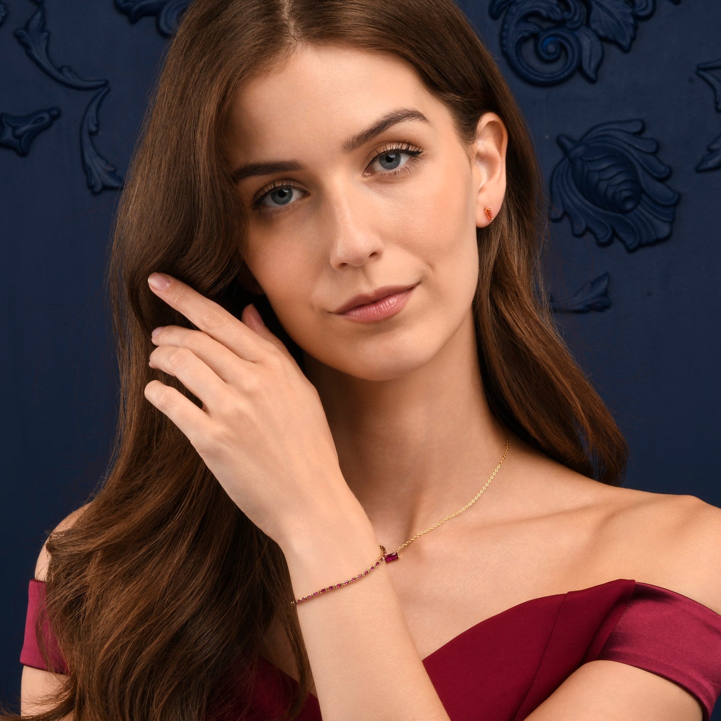 Red Gold Plated Sterling Silver Tennis Bracelet With Baguette-Cut Stones for Women