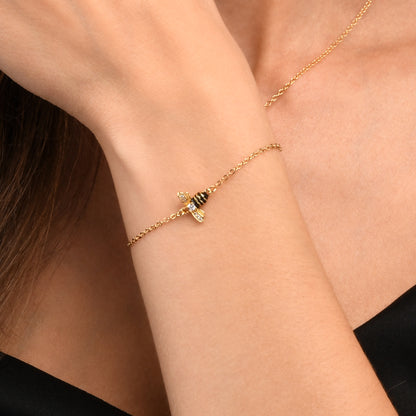 Gold Bumble Bee Bracelet with Cubic Zirconia and Black Enamel
