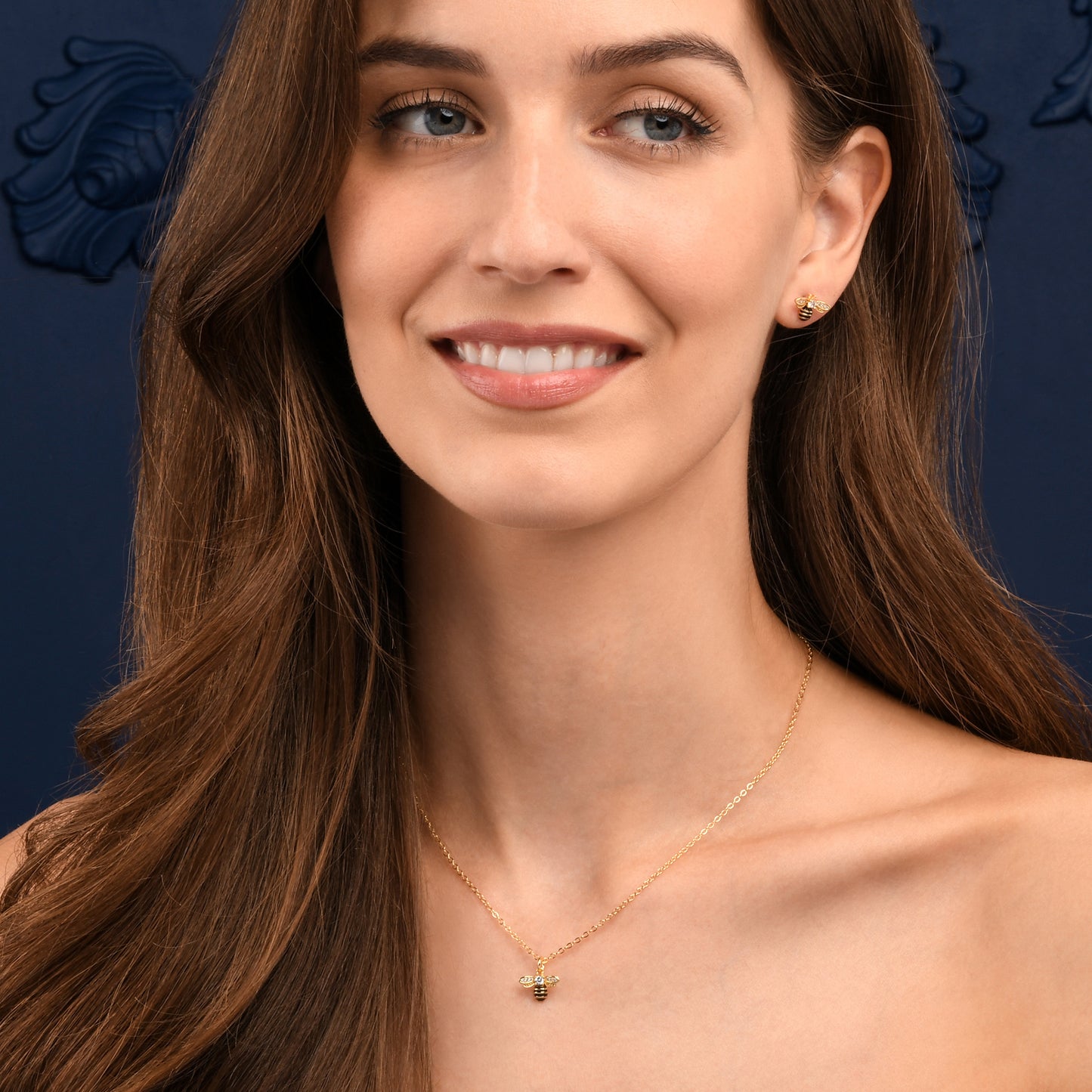 Gold Bumble Bee Stud Earrings with Cubic Zirconia and Black Enamel