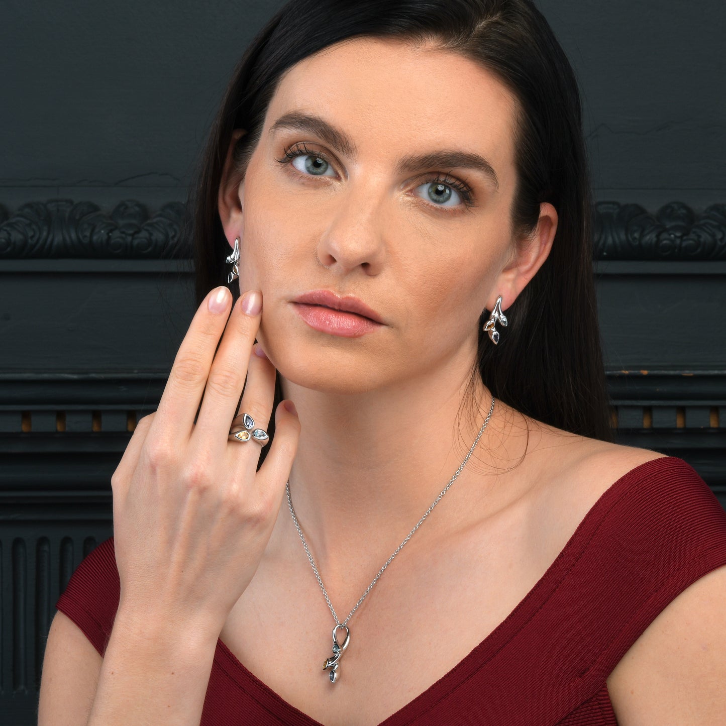 925 Sterling Silver Wide Ring for Women with Iolite, Blue Topaz and Citrine Gemstones