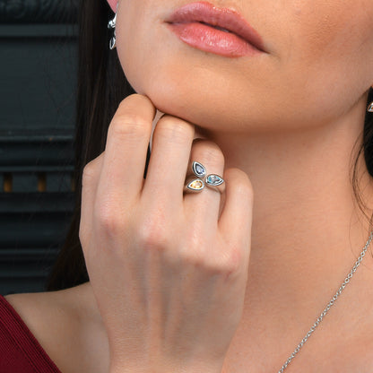 925 Sterling Silver Wide Ring for Women with Iolite, Blue Topaz and Citrine Gemstones