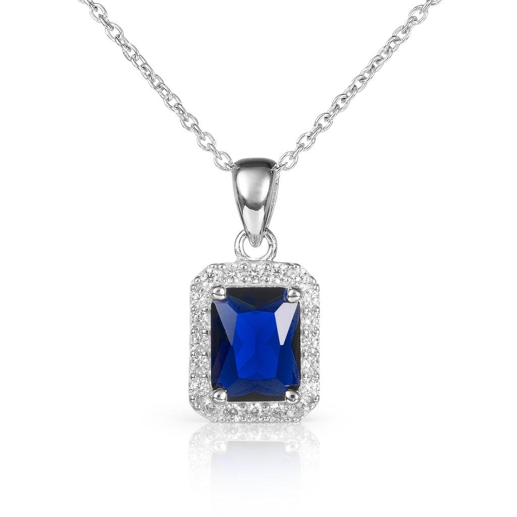 925 Sterling Silver Emerald Cut Blue Halo Pendant Necklace For Women