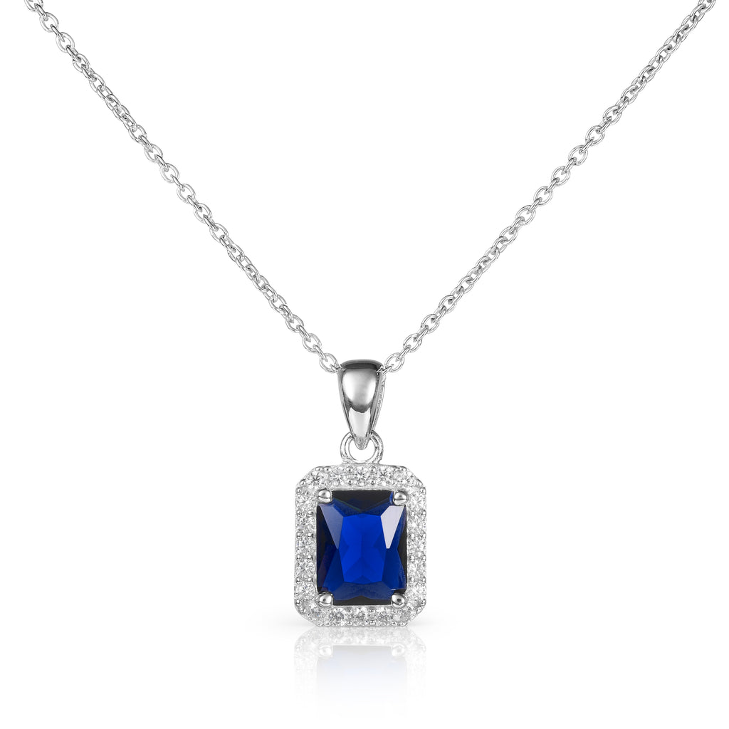 925 Sterling Silver Emerald Cut Blue Halo Pendant Necklace For Women