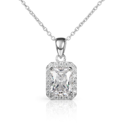 925 Sterling Silver Emerald Cut White Halo Pendant Necklace For Women
