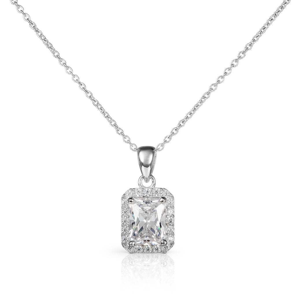 925 Sterling Silver Emerald Cut White Halo Pendant Necklace For Women
