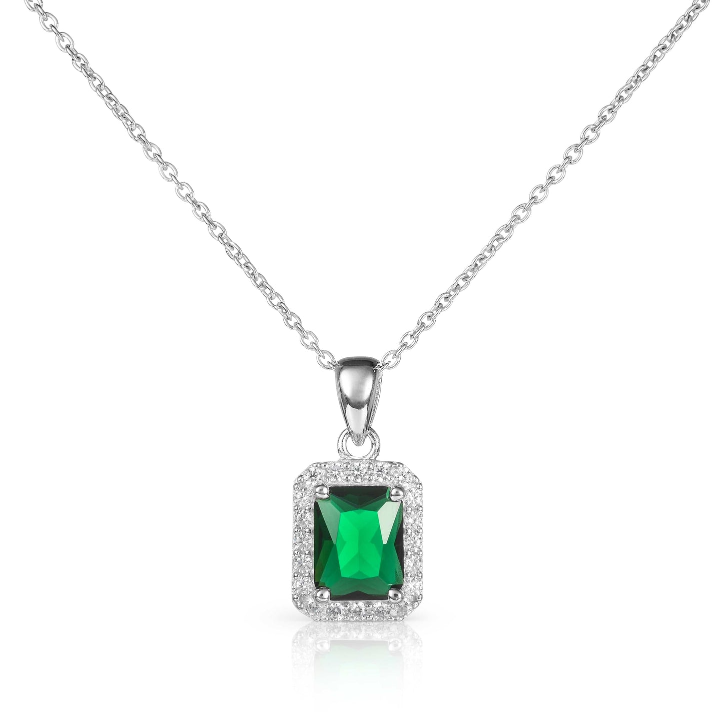 925 Sterling Silver Emerald Cut Green Halo Pendant Necklace For Women