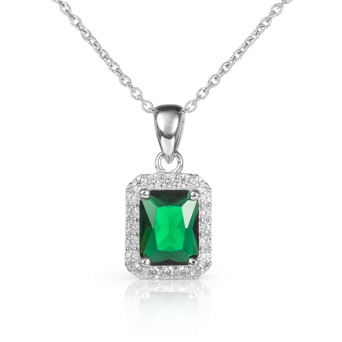 925 Sterling Silver Emerald Cut Green Halo Pendant Necklace For Women