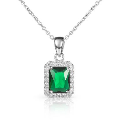 925 Sterling Silver Emerald Cut Green Halo Pendant Necklace For Women