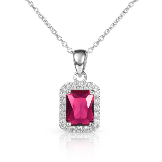 925 Sterling Silver Emerald Cut Red Halo Pendant Necklace For Women