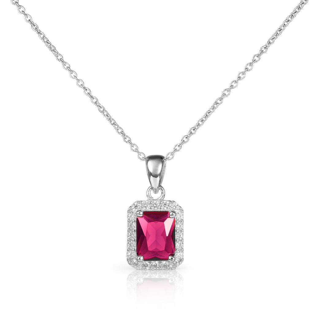 925 Sterling Silver Emerald Cut Red Halo Pendant Necklace For Women