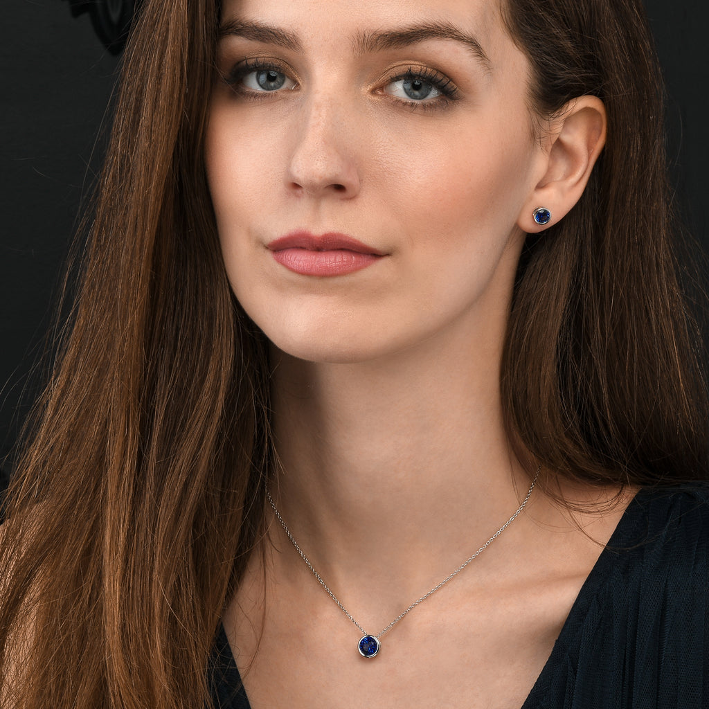 925 Sterling Silver Dark Blue Solitaire Bezel Set Stud Earrings for Women