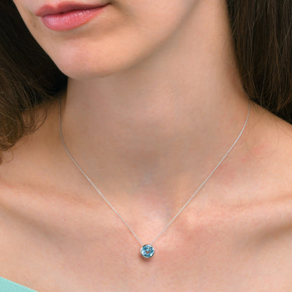 Sterling Silver Bezel Set Blue Topaz Pendant Necklace For Women