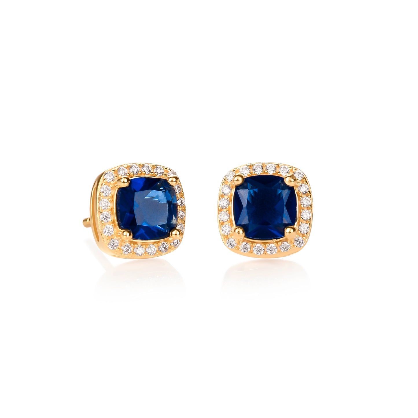 Gold Plated Sterling Silver Blue Cubic Zirconia Cushion Halo Stud Earrings