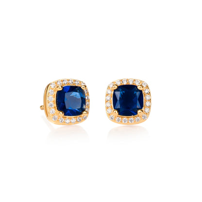 Gold Plated Sterling Silver Blue Cubic Zirconia Cushion Halo Stud Earrings