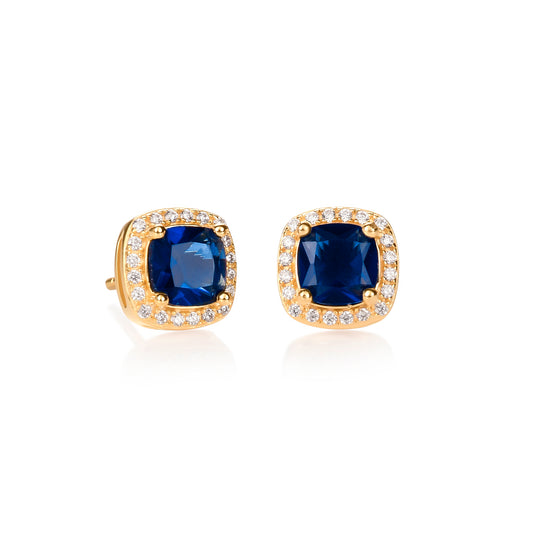 Gold Plated Sterling Silver Blue Cubic Zirconia Cushion Halo Stud Earrings