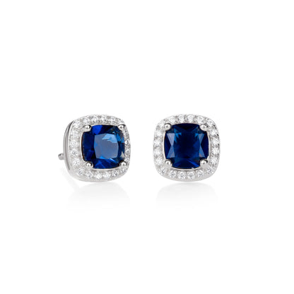 925 Sterling Silver Blue Cubic Zirconia Cushion Halo Stud Earrings
