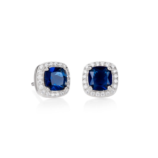 925 Sterling Silver Blue Cubic Zirconia Cushion Halo Stud Earrings