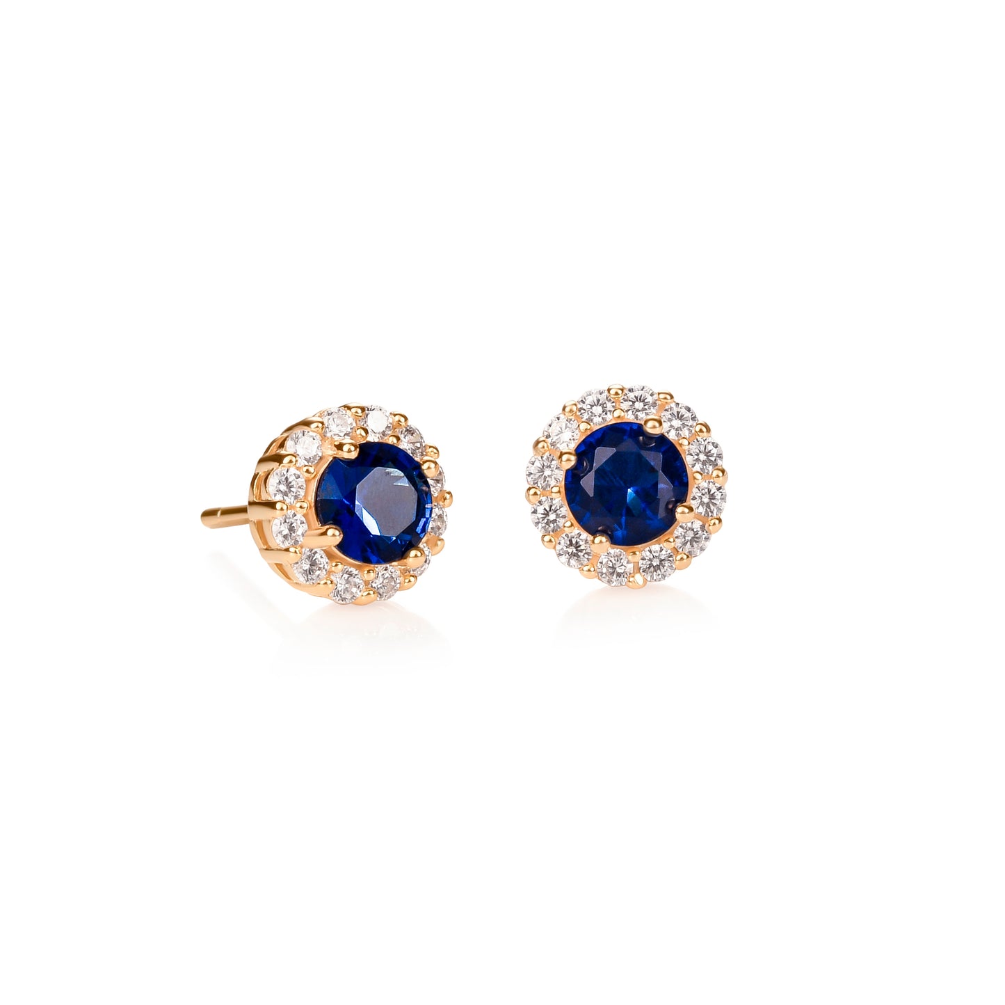 Gold Plated Sterling Silver Blue Cubic Zirconia Round Halo Stud Earrings
