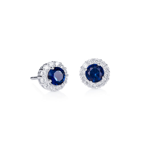 925 Sterling Silver Blue Cubic Zirconia Round Halo Stud Earrings