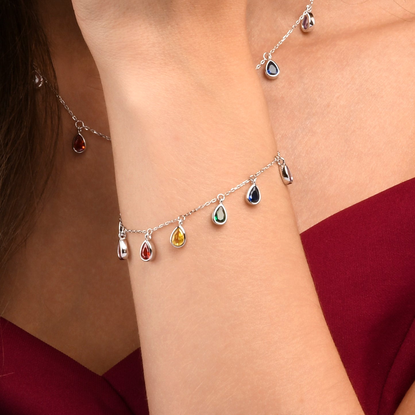 925 Sterling Silver Rainbow Coloured Pear Shaped Charm Bracelet for Women