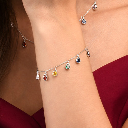 925 Sterling Silver Rainbow Coloured Pear Shaped Charm Bracelet for Women